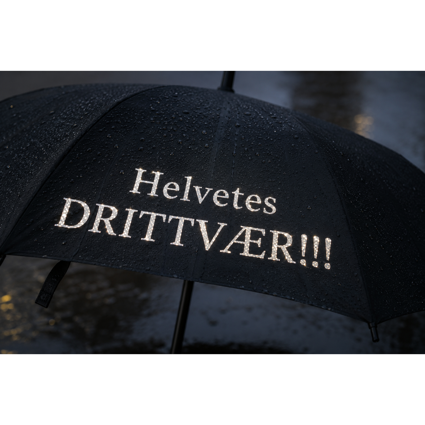 Helvetes DRITTVÆR!!! -Paraply med tekst i refleks