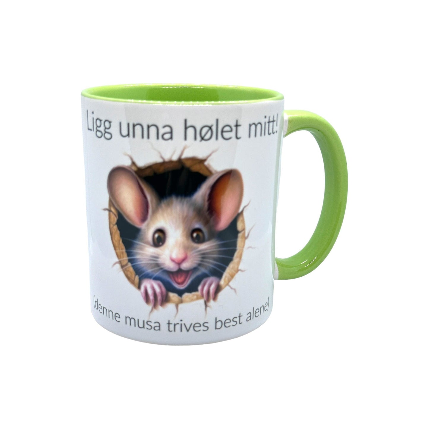 Ligg unna HØLET mitt! -Krus med en klar tale og søtt motiv. 3 ulike farger