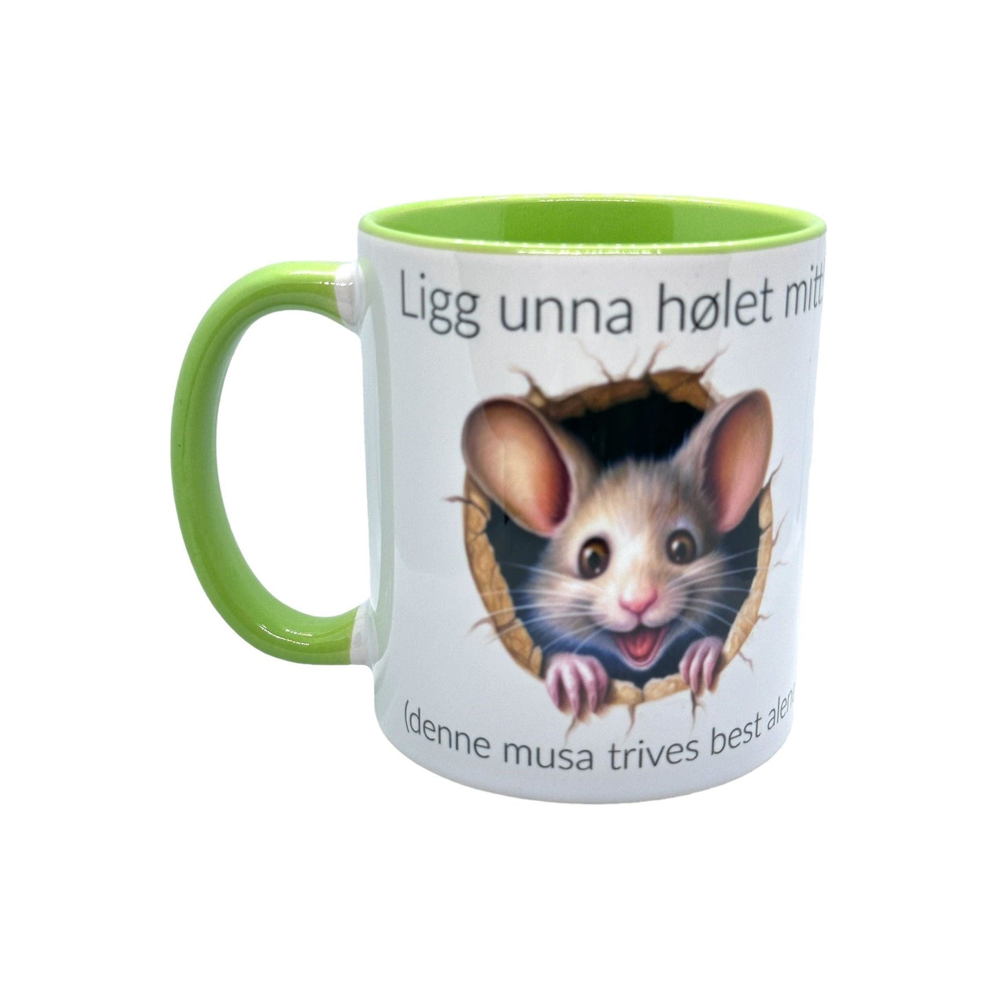Ligg unna HØLET mitt! -Krus med en klar tale og søtt motiv. 3 ulike farger