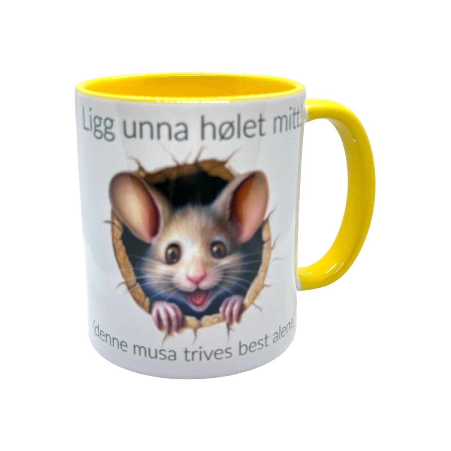 Ligg unna HØLET mitt! -Krus med en klar tale og søtt motiv. 3 ulike farger