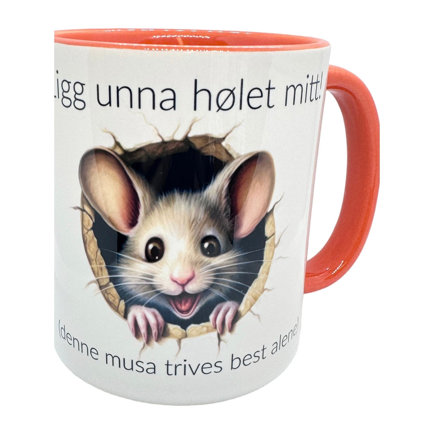 Ligg unna HØLET mitt! -Krus med en klar tale og søtt motiv. 3 ulike farger
