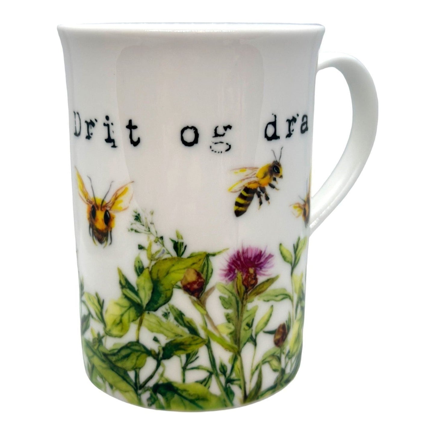 Kopp med blomster og bier motiv, tekst "drit og dra"