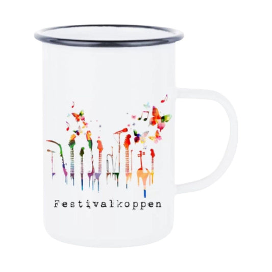 Kopp med et fargerikt motiv av ulike instrumenter og teksten "festivalkoppen".