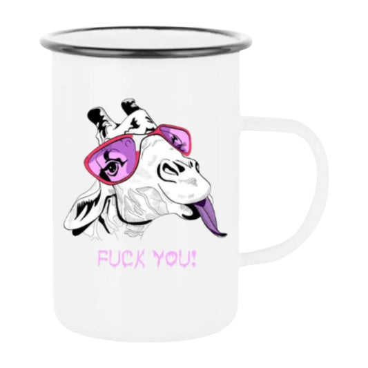 Kopp med motiv Sjiraff med rosa briller med teksten "Fu*k you"