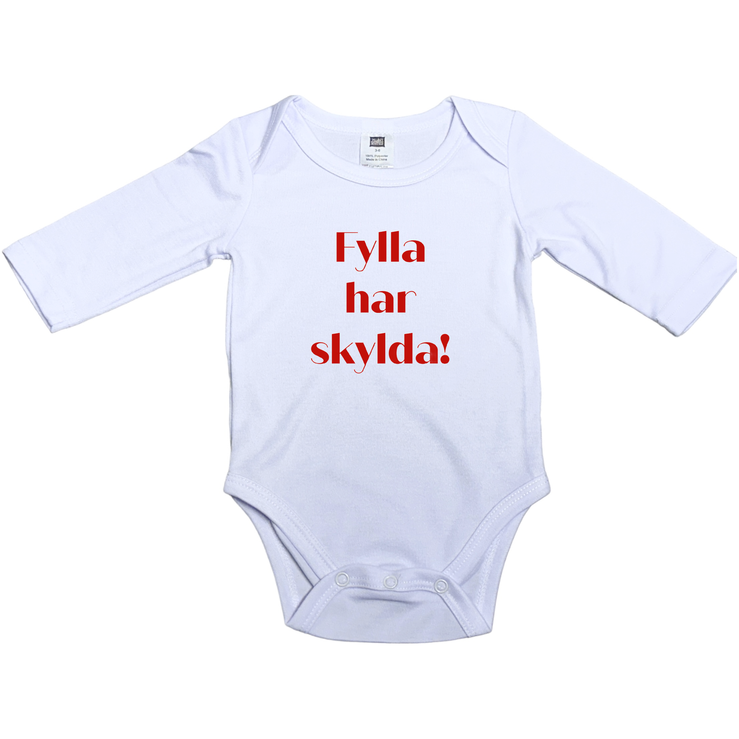 Fylla har skylda -Body m/ lang arm, hvit med farget skrift