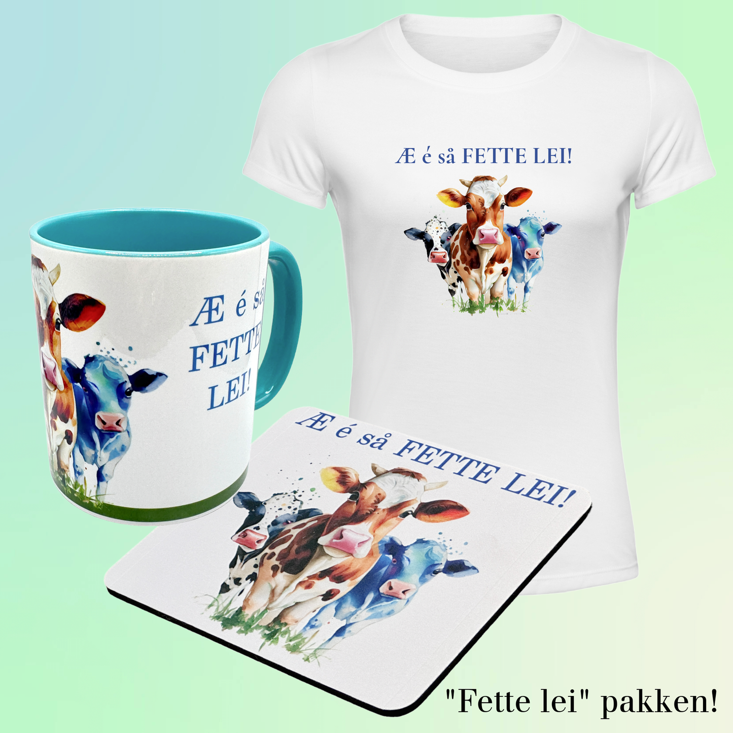 Gavepakke- FETTE LEI (T-skjorte, musematte og krus)