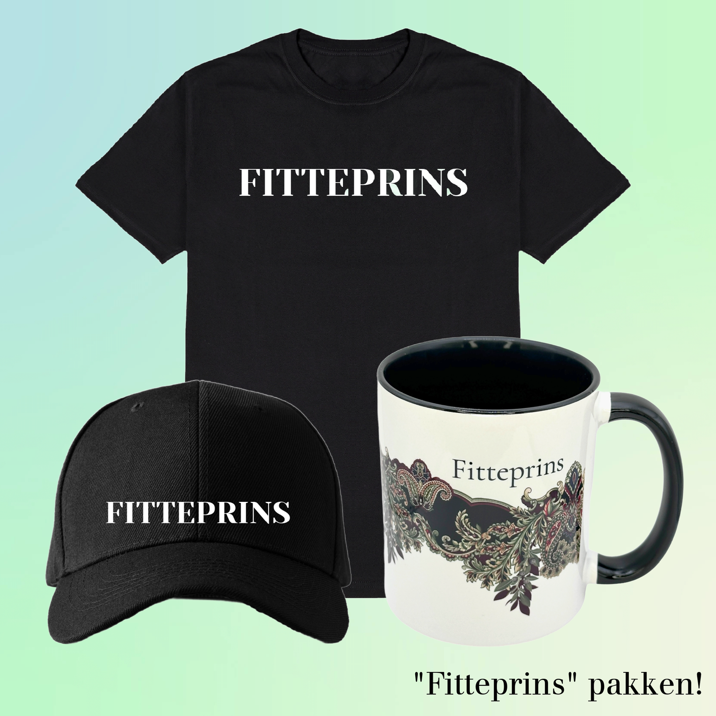 Gavepakke- FITTEPRINS (Krus, Caps og T-skjorte i sort, unisex modell)