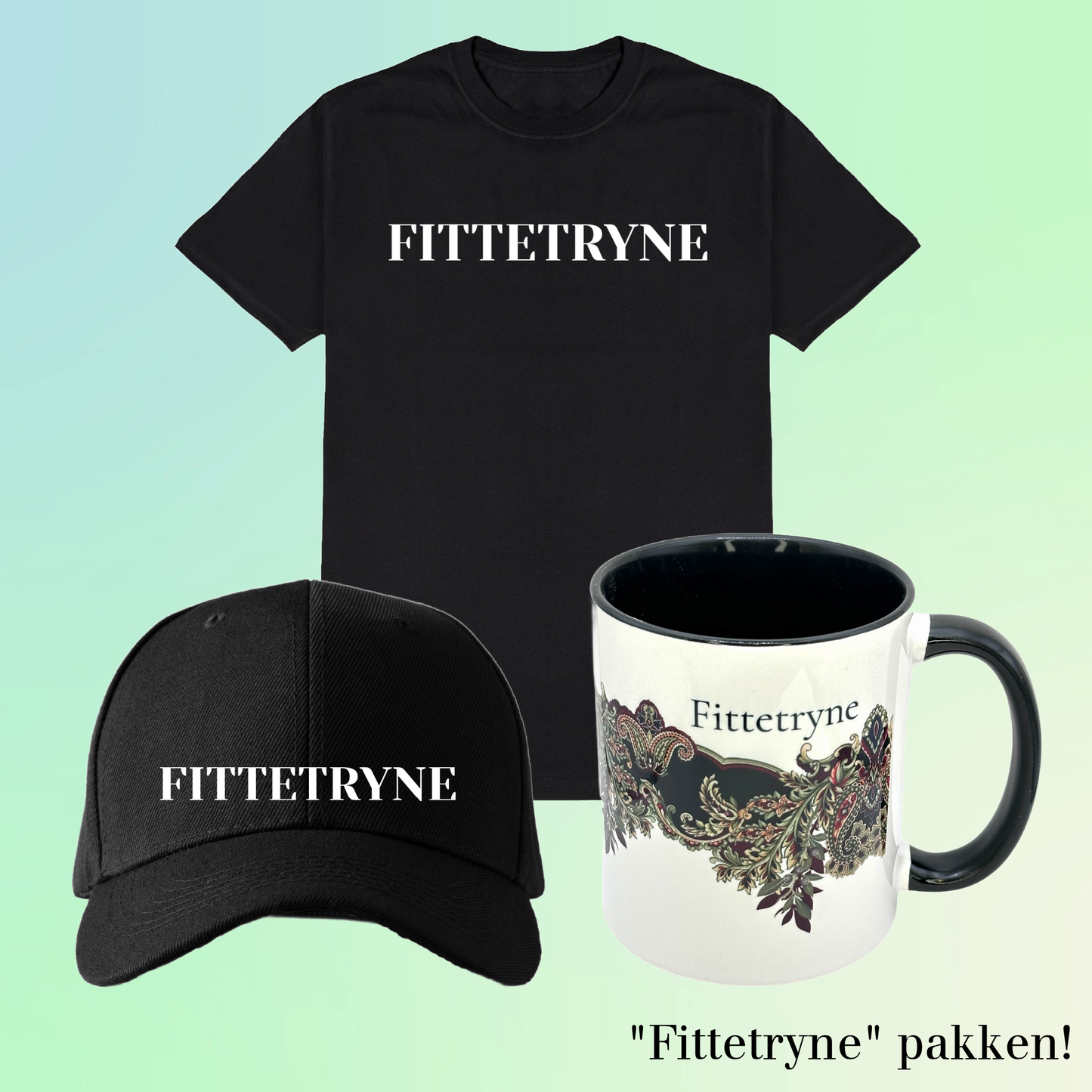 Gavepakke- FITTETRYNE (Caps, krus og sort t skjorte i unisex modell)