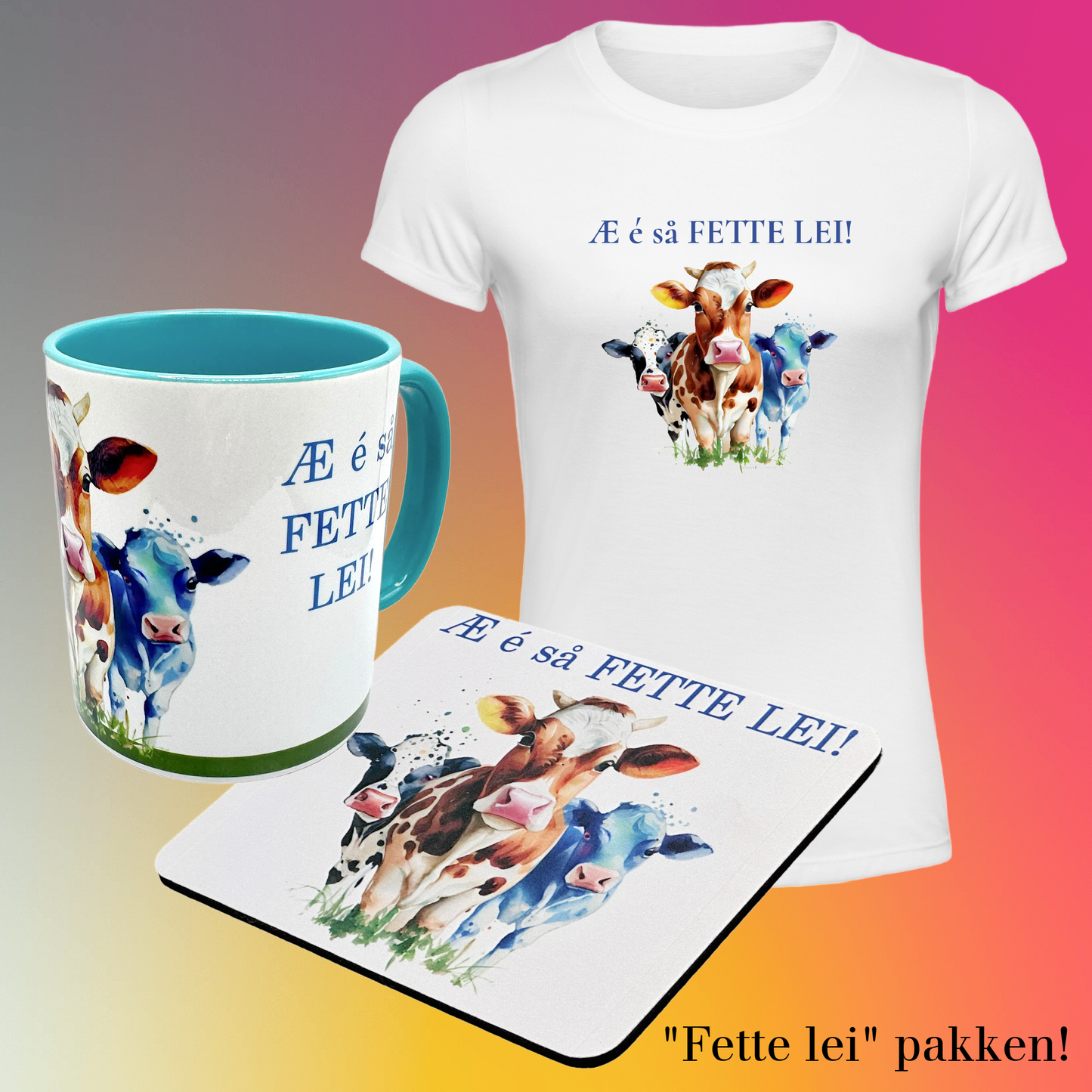 Gavepakke- FETTE LEI (T-skjorte, musematte og krus)